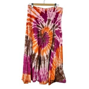 Solitaire Boho Cotton Tie Dye Pleated A-Line Maxi Skirt 1X Pink Orange Brown